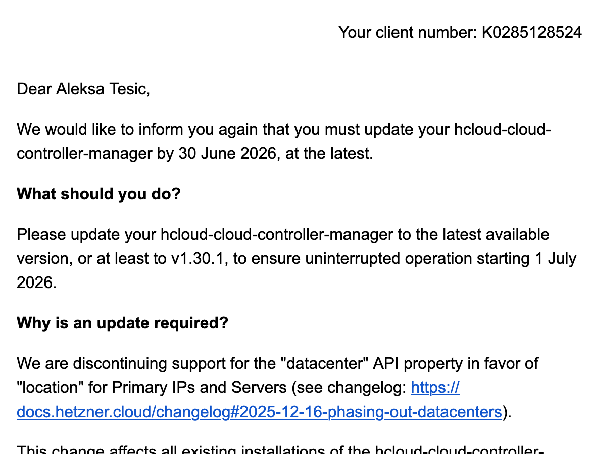 Hetzner controller update email